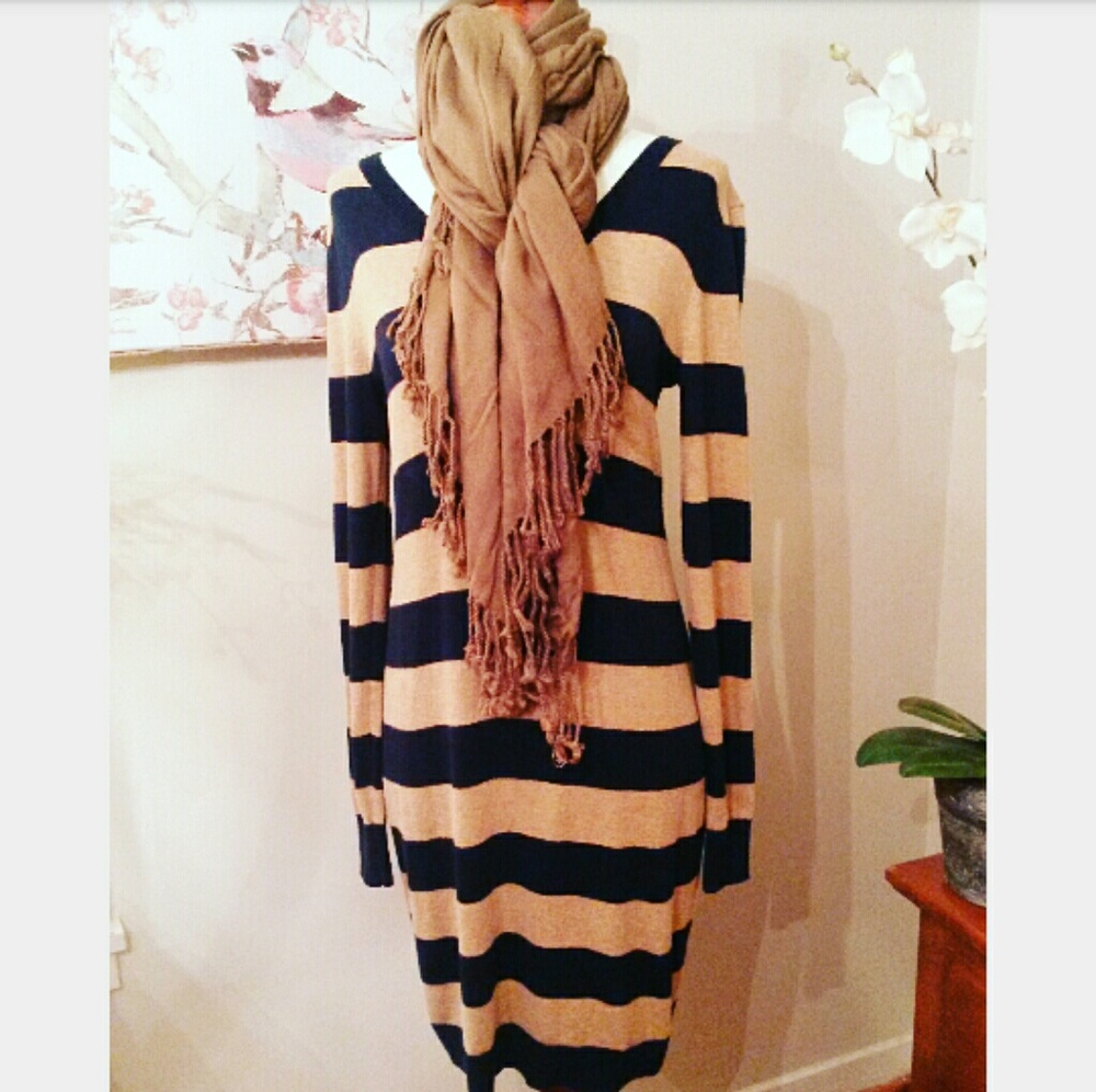 Striped Navy & Tan Knit Sweater dress